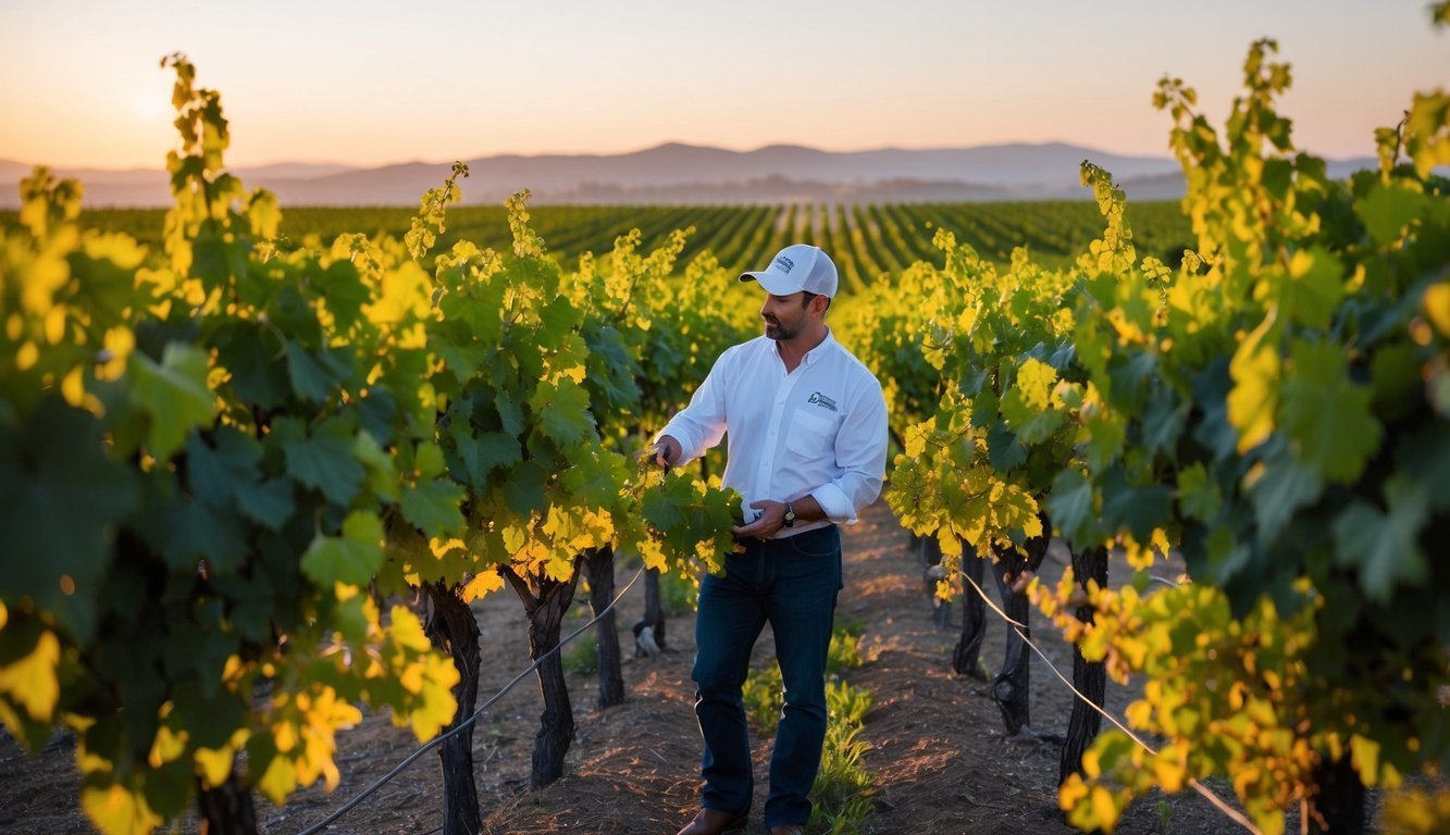 Man inspecting grape vines in a vineyard at sunset
