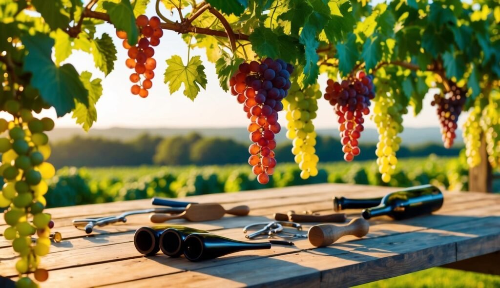 Grapes hanging over a table with wine bottles and tools in a vineyard