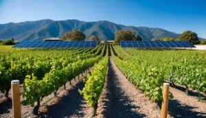 Vineyard with solar panels, mountains in the background, sunny day