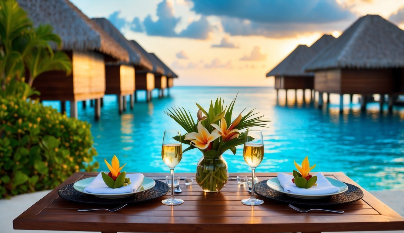 Romantic dinner setting over water with bungalows in background