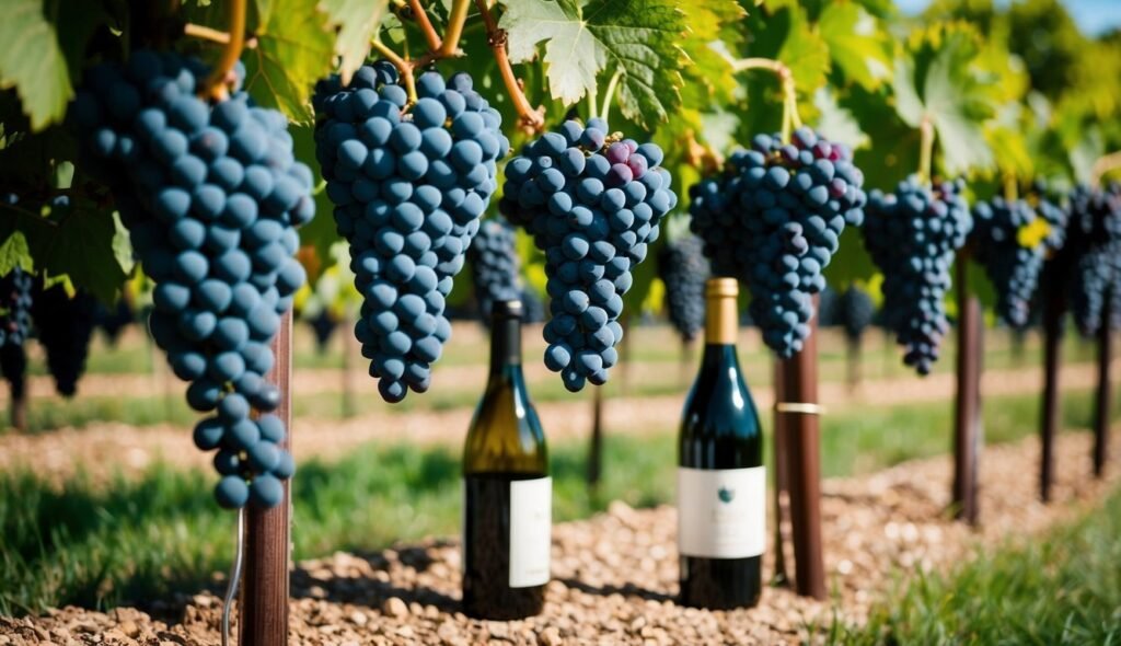 Vineyard with ripe grapes hanging over wine bottles