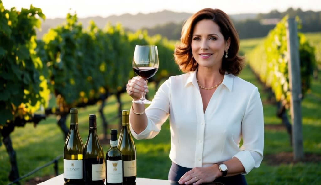 Woman holding wine glass in vineyard with bottles on table