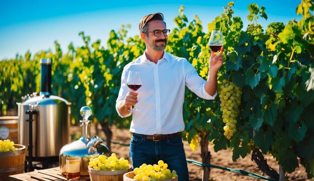 Man in vineyard holding two glasses of red wine