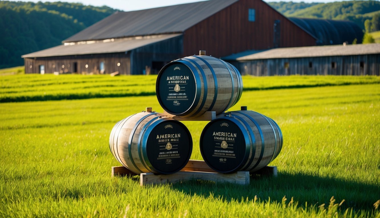 Three whiskey barrels stacked in a field with a barn in the background