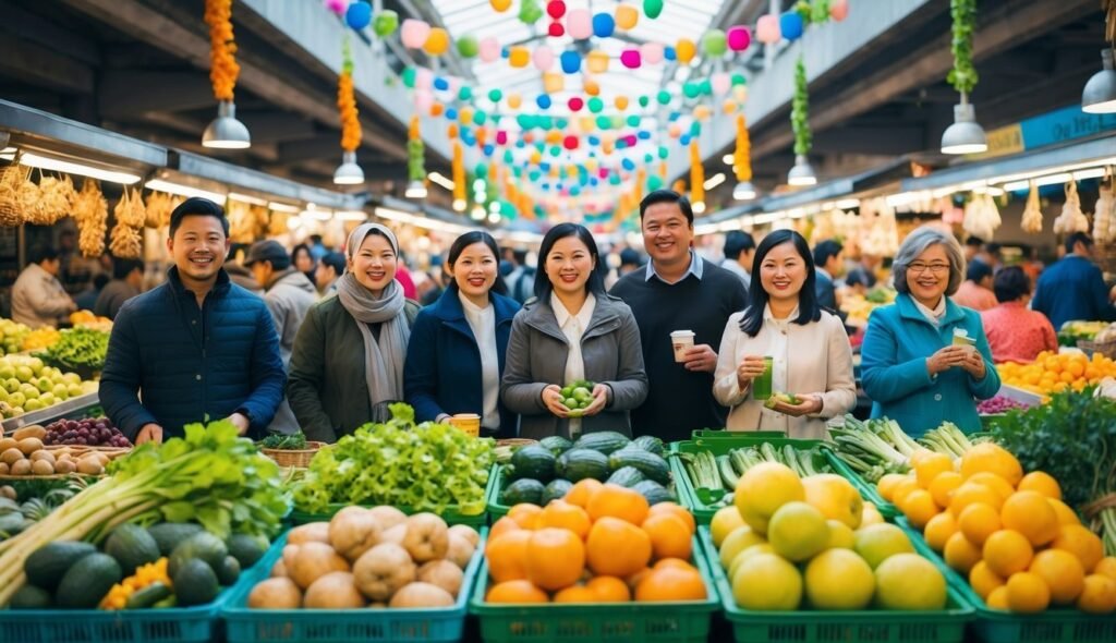 Group of people smiling at a market, surrounded by fresh produce