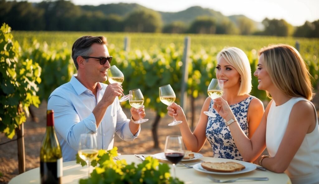 Three people toasting with wine glasses at a vineyard table