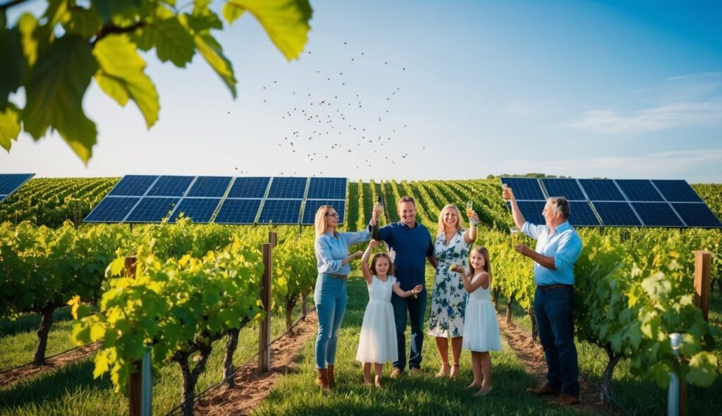 Family celebrating in vineyard with solar panels in the background