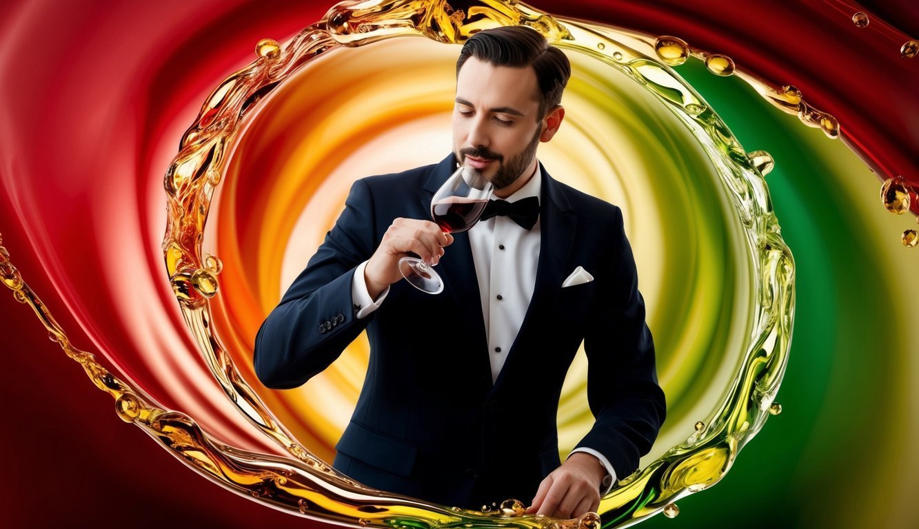 Man in tuxedo smelling red wine, surrounded by liquid swirl