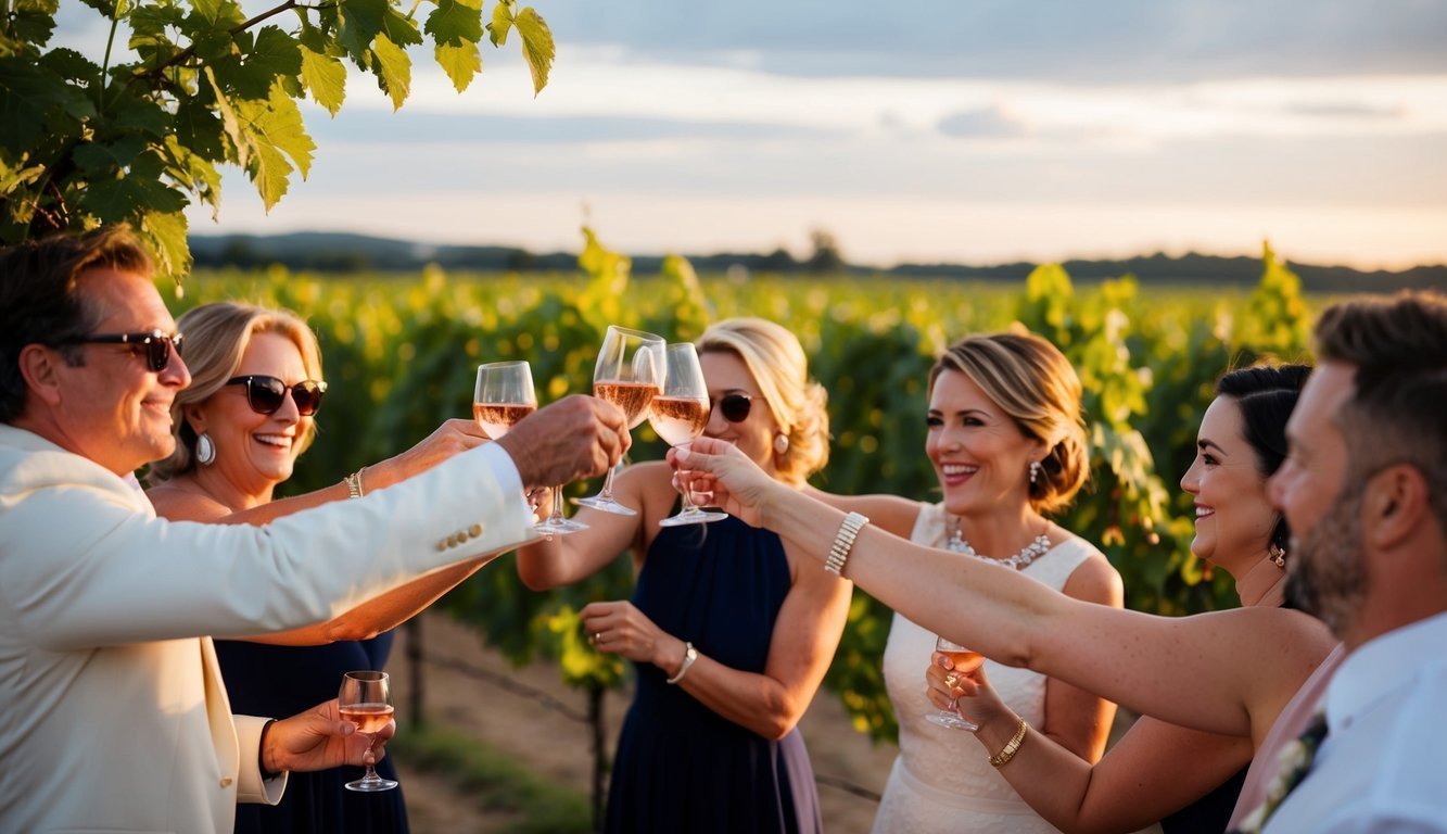 Group of people toasting with wine glasses in a vineyard