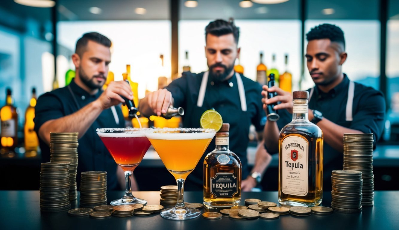 Three bartenders making cocktails with tequila, coins on the bar