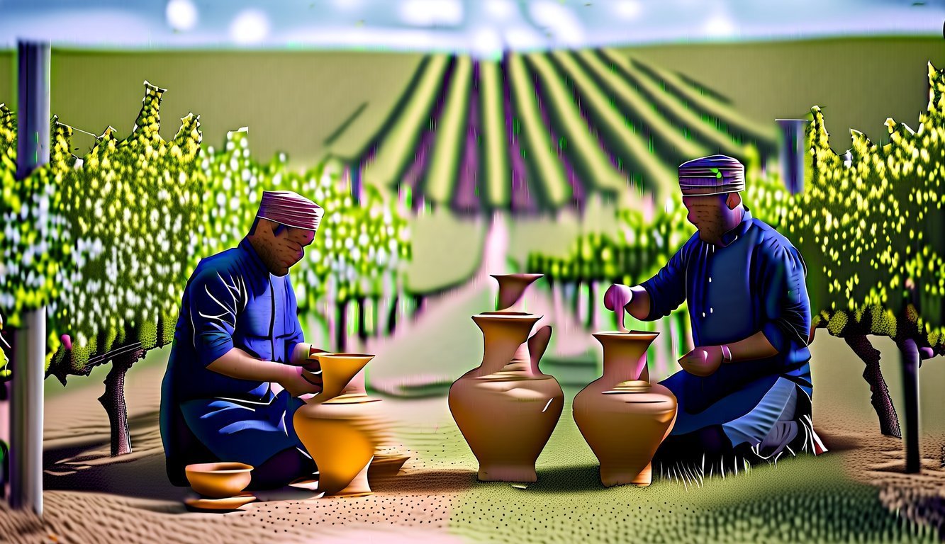 Two men working on pottery in a field with crops in the background
