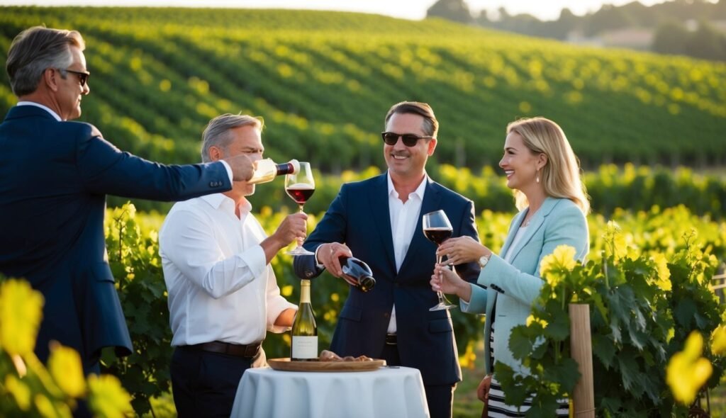 Group of people tasting wine in a vineyard, toasting with glasses