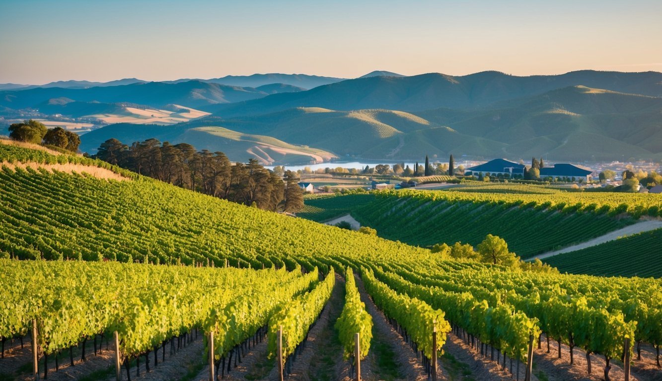 Vineyard on a hillside with mountains, lake, and buildings in the distance
