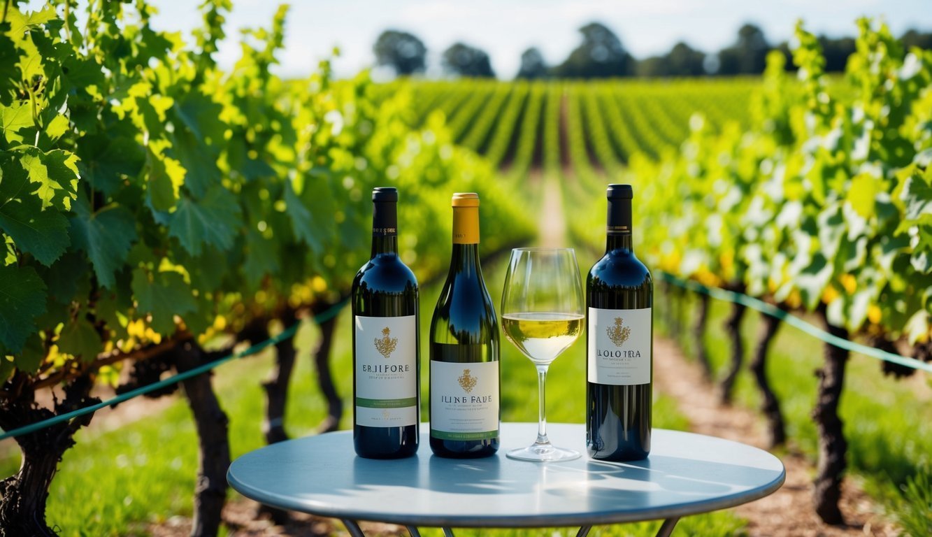 Three wine bottles and a glass on a table in a vineyard