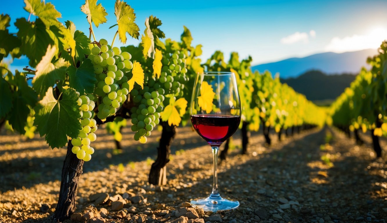Glass of red wine in vineyard with grapes and rows of vines