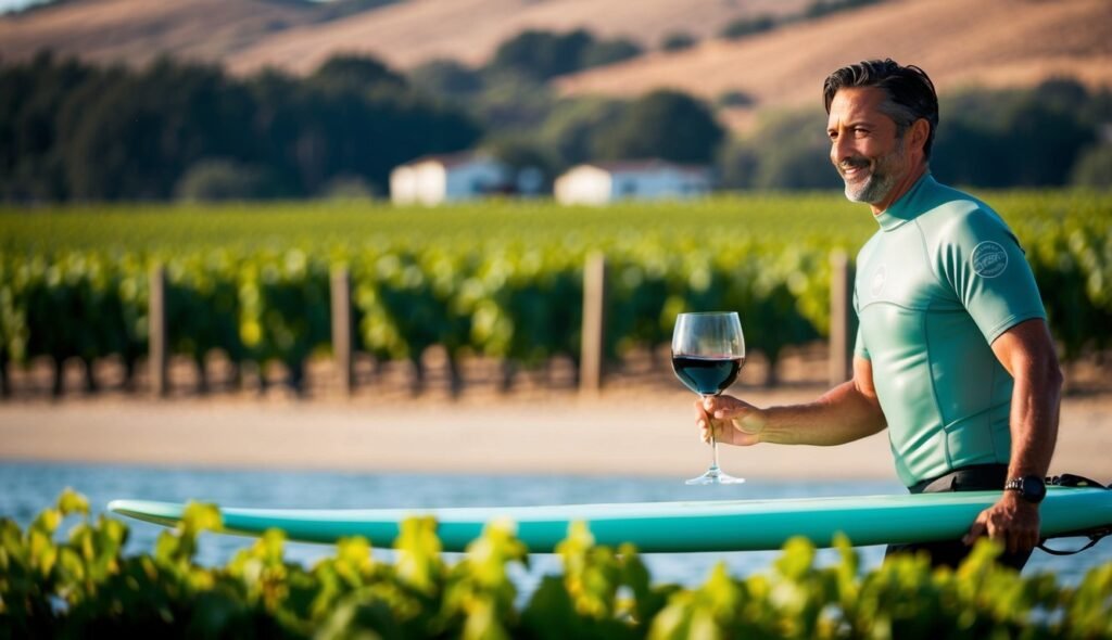 Man with surfboard and wine glass in vineyard setting