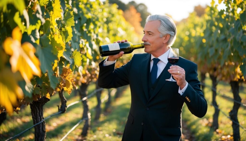 Man in suit tasting wine in a vineyard, holding a glass