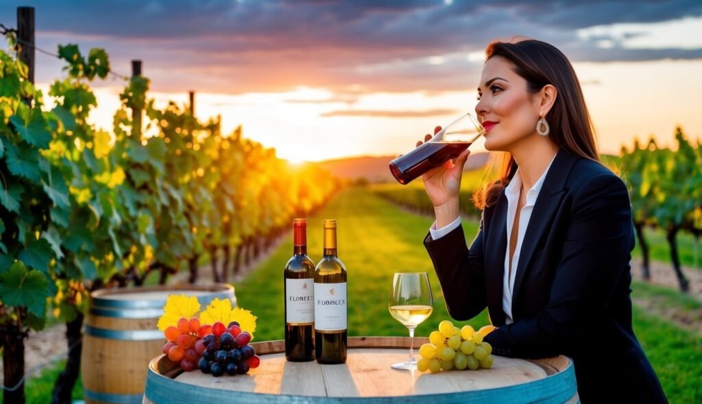 Woman drinking wine in a vineyard at sunset, bottles and grapes on barrel