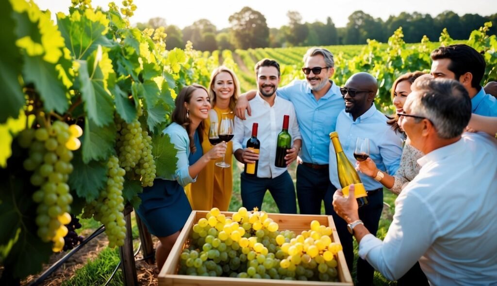Group of friends celebrating with wine in a vineyard, grapes in foreground