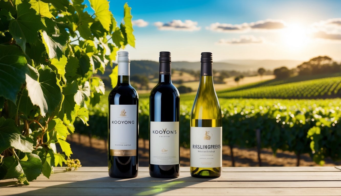 Three wine bottles on a wooden table with a vineyard background