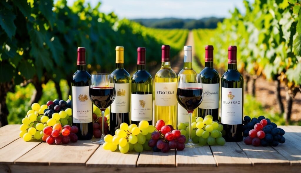 Bottles of wine, glasses, and grapes on a wooden table in a vineyard