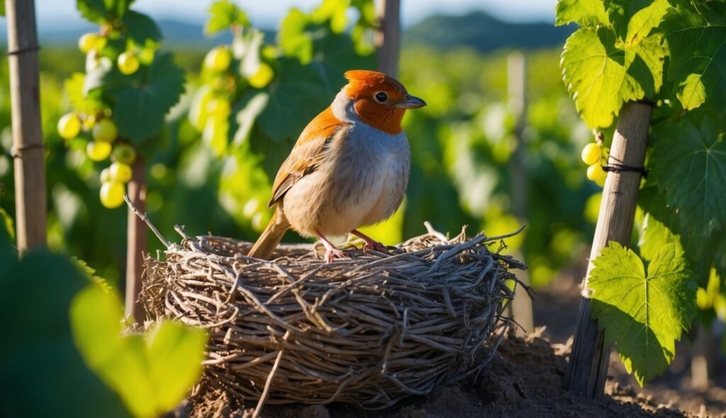 Bird with orange head perched on nest in a vineyard