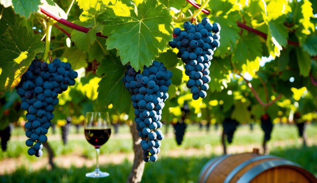 Vineyard with ripe grapes, a glass of red wine, and a wooden barrel