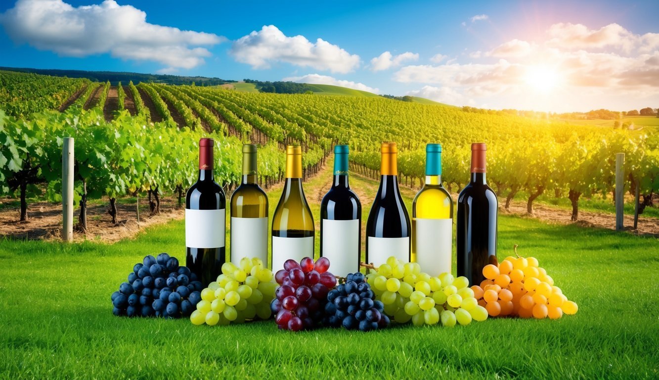 Bottles of wine and grapes in front of a vineyard landscape