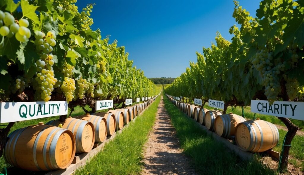 Vineyard with rows of grapes, barrels, and signs under a blue sky