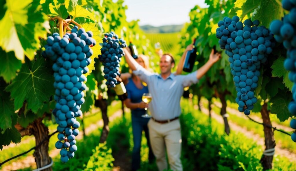 People in a vineyard with grapes, holding wine bottles and glasses