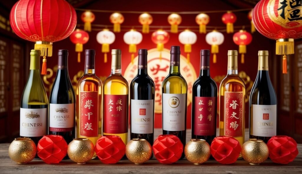 Bottles of wine, red lanterns, and decorative orbs on a wooden surface