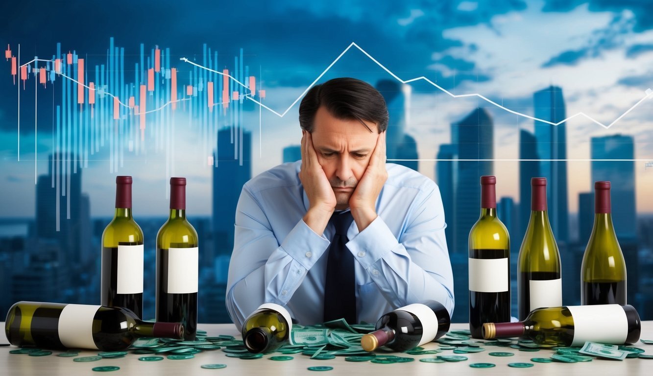 Depressed businessman with wine bottles, money, and stock market graph