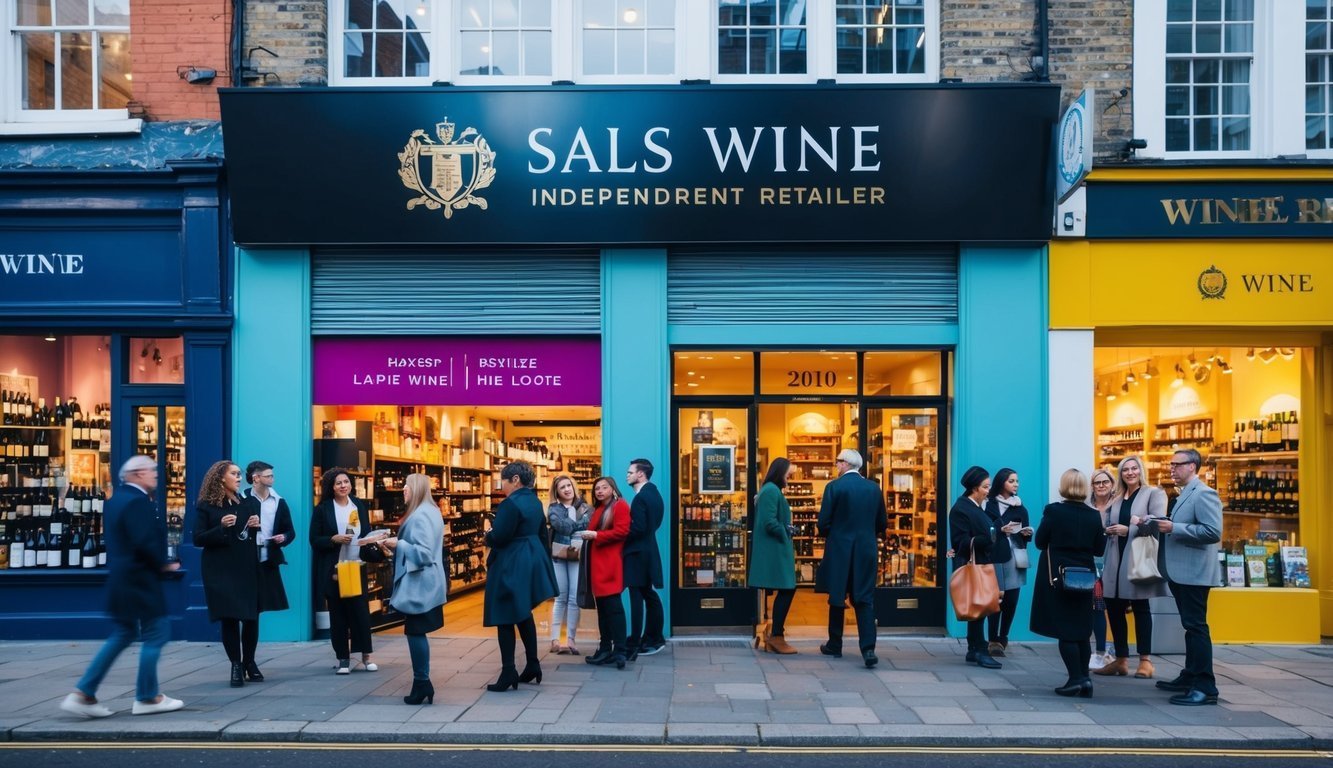 People standing outside a wine shop called Sals Wine, with colorful storefronts