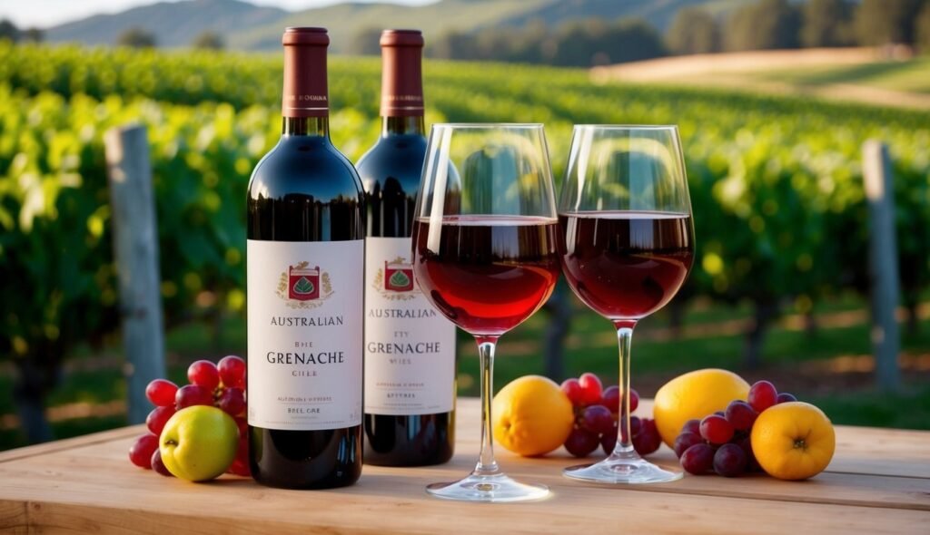 Two wine glasses, bottles, grapes, and lemons on a wooden table in vineyard