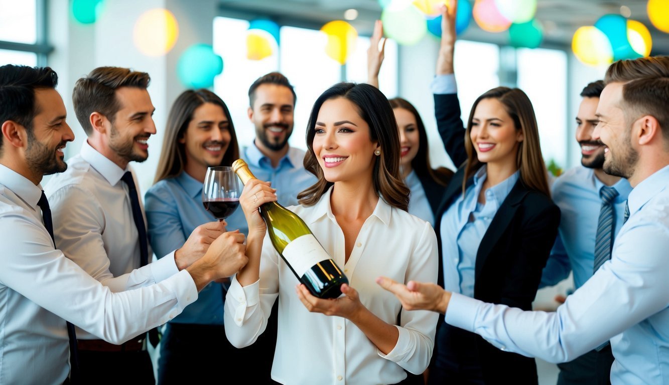 Smiling woman holding a wine bottle, surrounded by celebrating coworkers