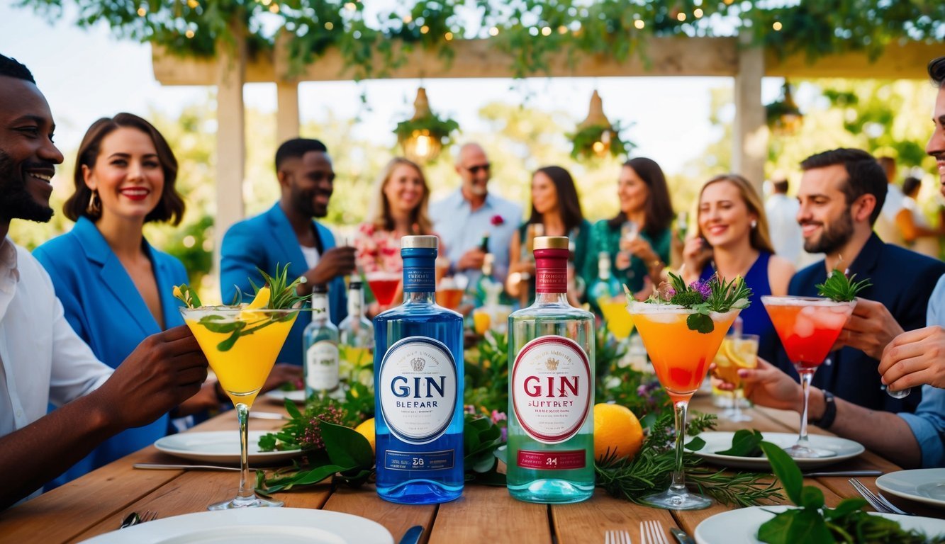 People enjoying cocktails and gin bottles at an outdoor gathering