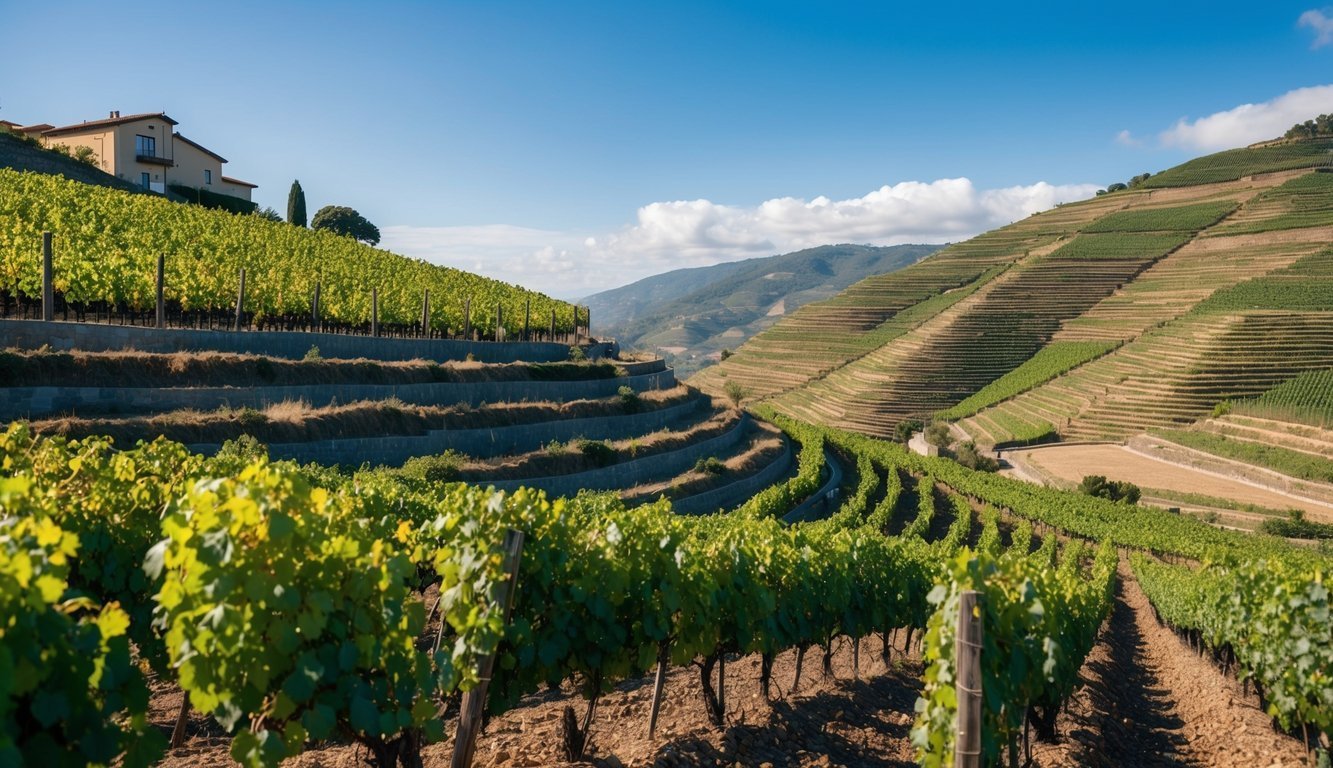 Vineyard terraces on a hillside with a house and mountains in the distance