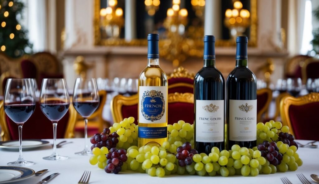 Wine bottles, glasses, and grapes on a table in a fancy dining room