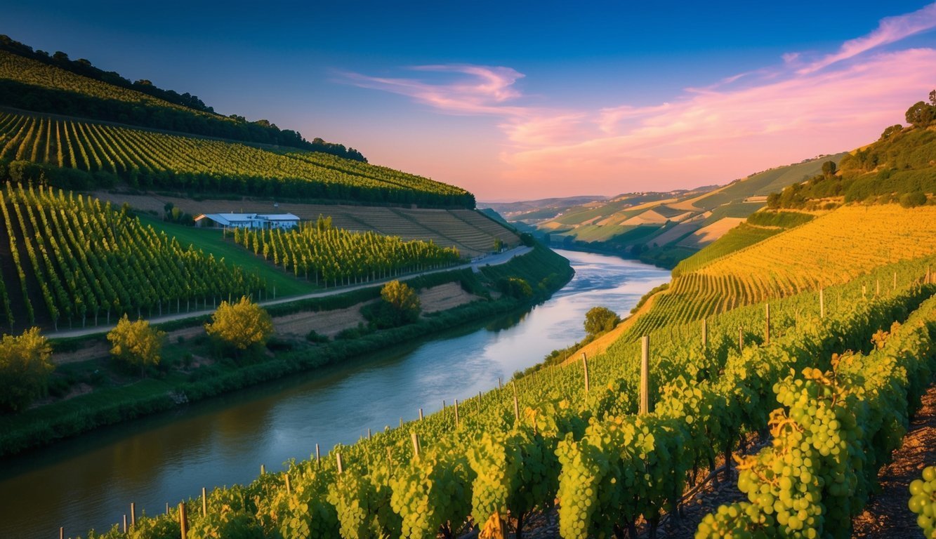 Vineyards on hillsides beside a river at sunset, with a house in the distance