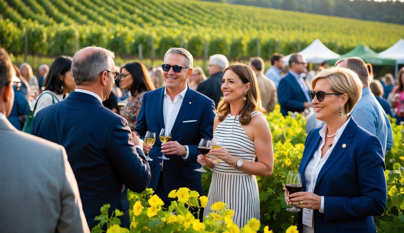 People socializing with wine glasses in a vineyard at sunset