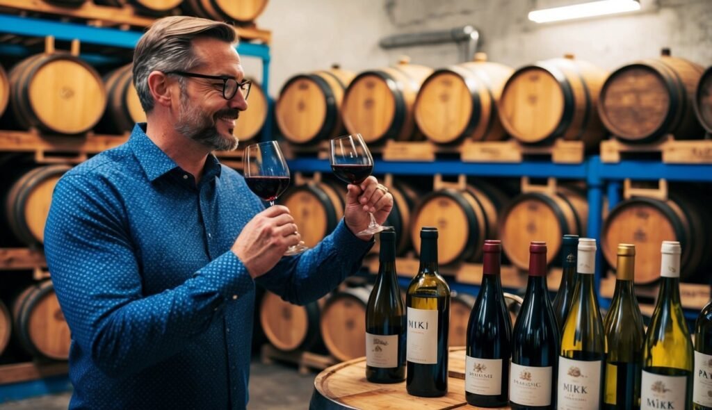 Man in a wine cellar, holding two glasses of red wine, smiling