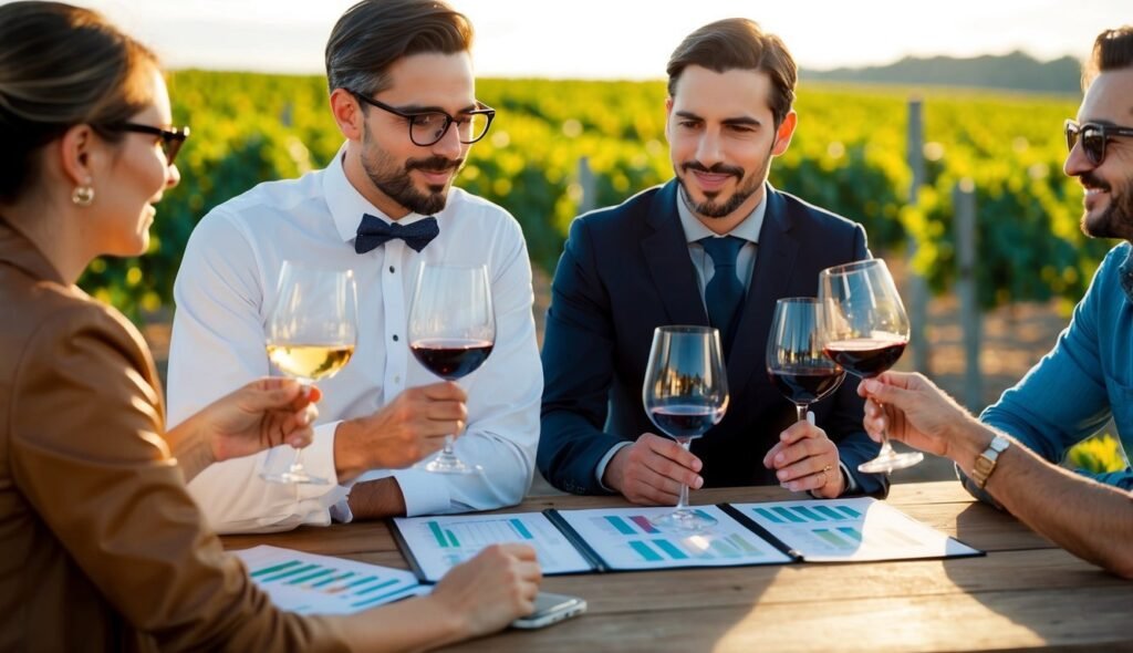 Four people toasting with wine glasses at a vineyard table