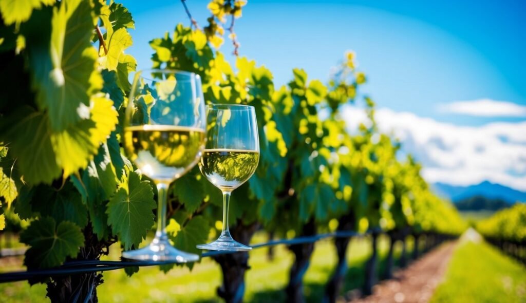Two glasses of white wine in a vineyard, sunny day