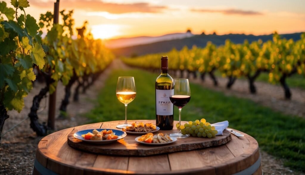 Wine, glasses, and food on a barrel table in a vineyard at sunset