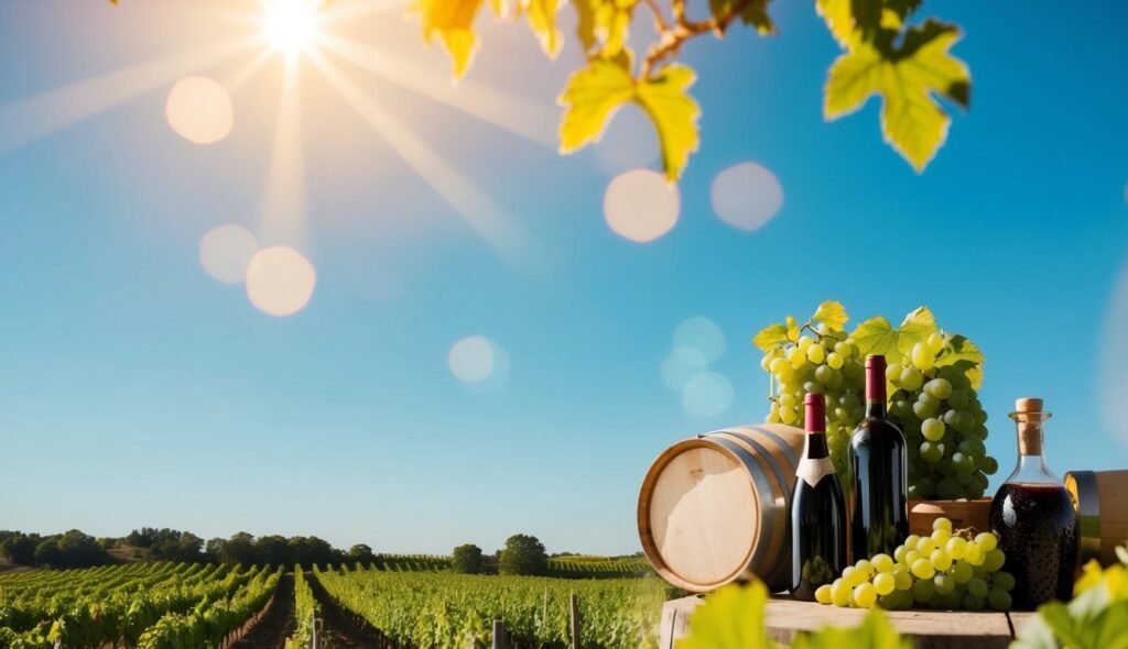 Vineyard scene with wine bottles, barrel, grapes, and bright sunlight