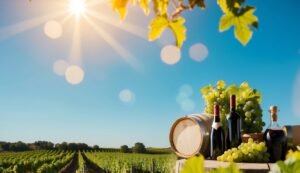 Vineyard scene with wine bottles, barrel, grapes, and bright sunlight