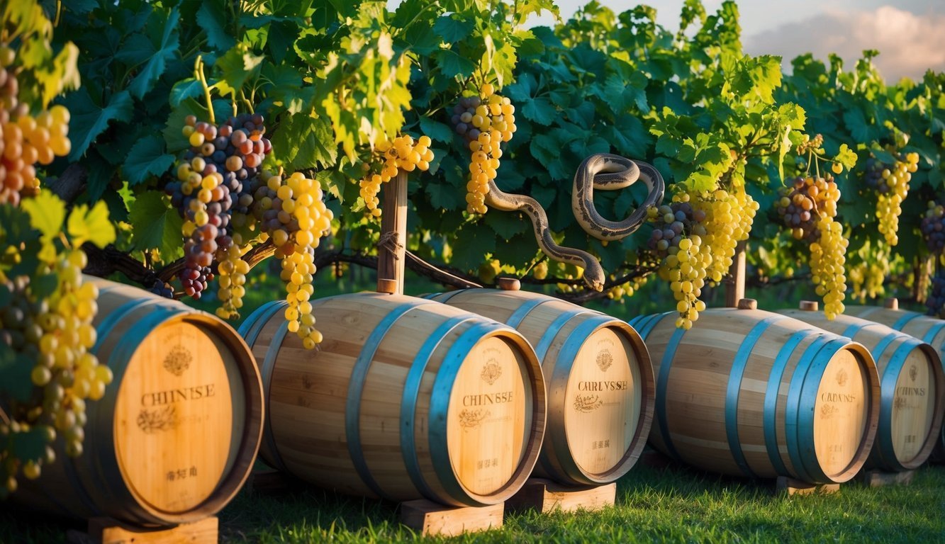 Vineyard with barrels, grapes, and a snake