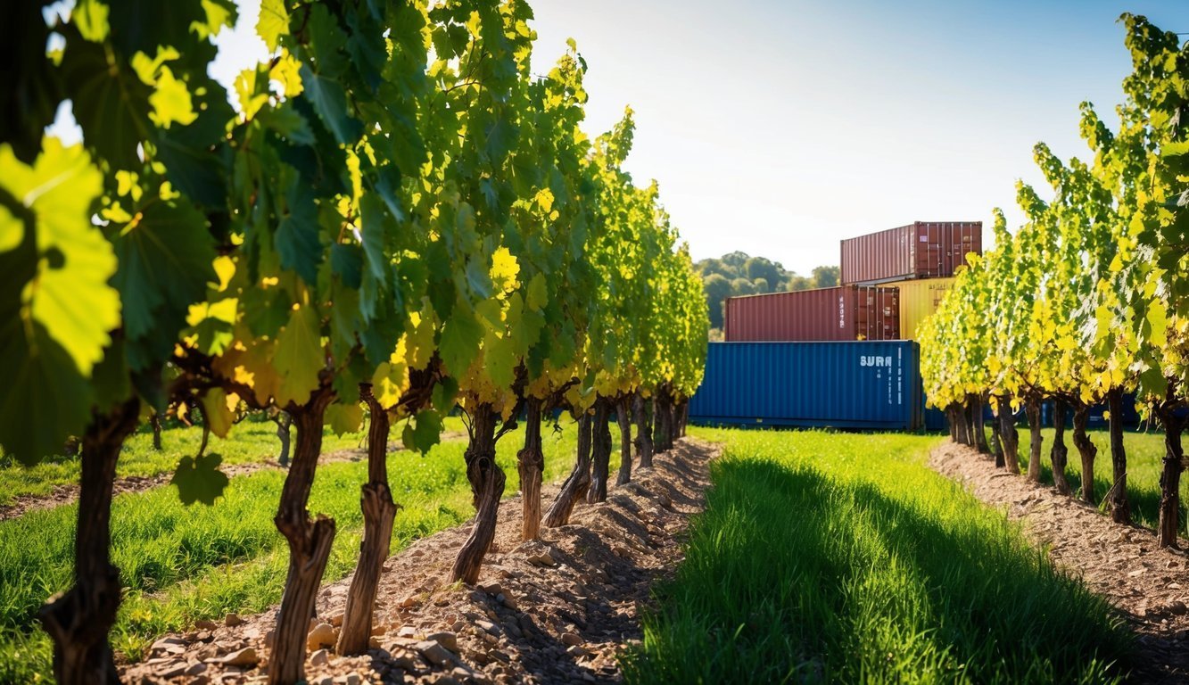 Vineyard with rows of grapevines, shipping containers in the background