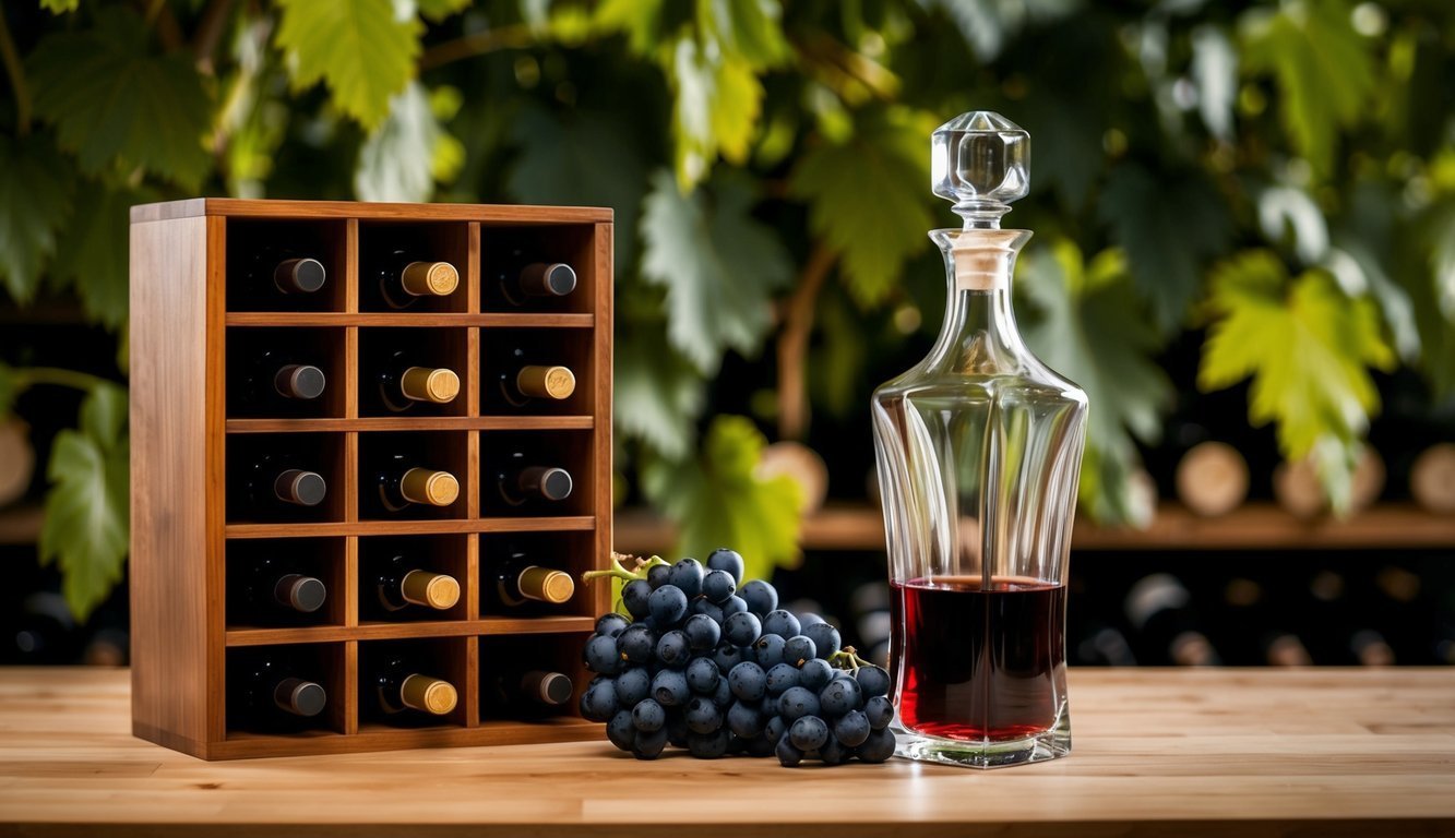 Wine bottles, decanter with red wine, grapes, and wine rack on a table