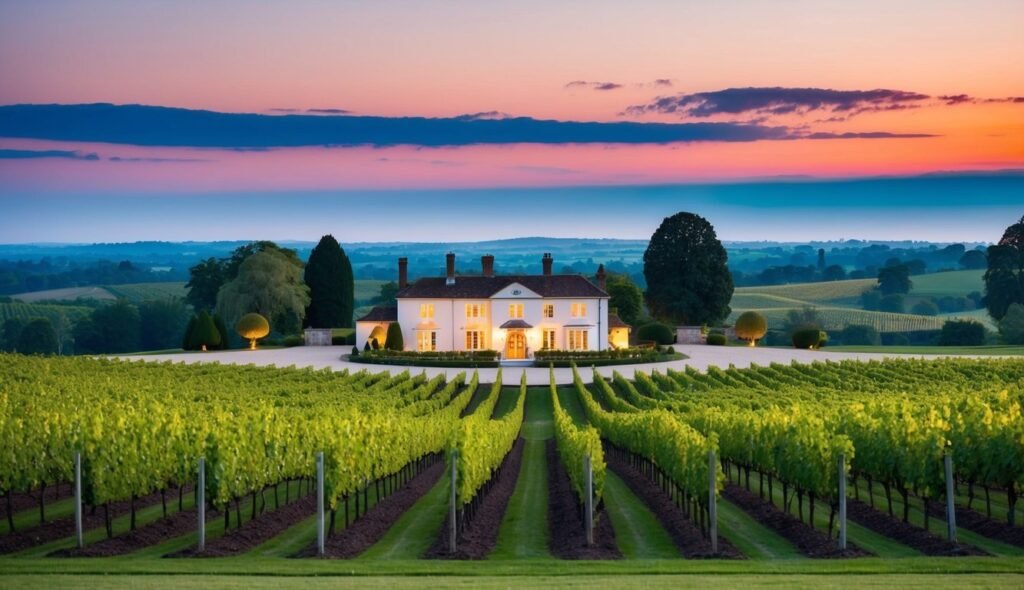 Vineyard with a large white house at sunset, rows of grape vines